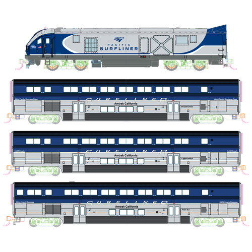 Kato ~ N Scale ~ Amtrak SC-44 Charger, 2 Coaches, Cab Car ~ Pacific Surfliner Base Train-Only Set ~ DC Version ~ 106-9001