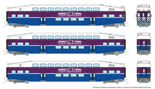 Rapido ~ N Scale ~ Bilevel Commuter Car ~ Altamont Corridor Express ~ Set #1 (Cab: #3305 Coaches: #3212 #3216) ~ 546001 Rapido ~ N Scale ~ Bilevel Commuter Car ~ Altamont Corridor Express ~ Set #1 (Cab: #3305 Coaches: #3212 #3216) ~ 546001