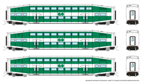 Rapido ~ N Scale ~ Bilevel Commuter Car ~ GO Transit Set #3 (Coaches: #2310, #2325, #2341) ~ 546015 Rapido ~ N Scale ~ Bilevel Commuter Car ~ GO Transit Set #3 (Coaches: #2310, #2325, #2341) ~ 546015