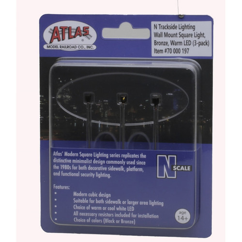 Atlas ~ N Scale ~ Wall-Mount Square Light ~ 3-Pack ~ Black ~ Warm White LED ~ 70000199