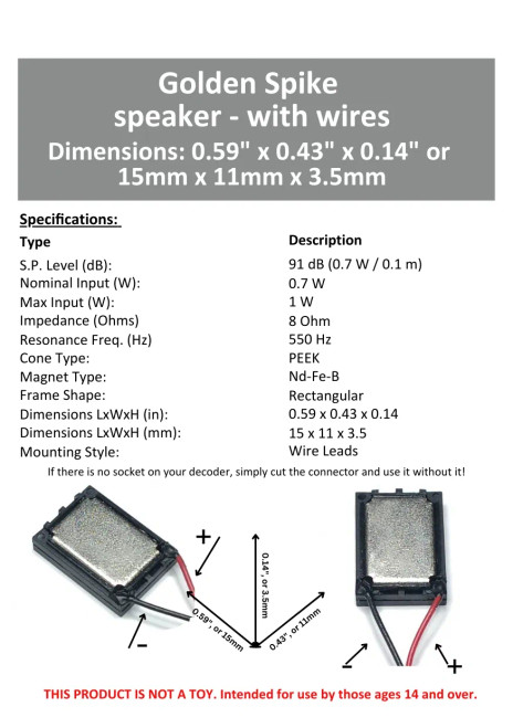 Golden Spike Hobbies ~ 15 x 11 x 3.5mm Speaker ~ 8 Ohm ~ GS151135W8