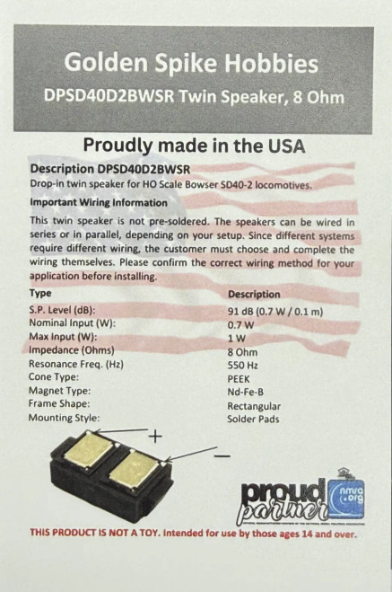 Golden Spike Hobbies ~ Drop-in speaker for Bowser SD40 ~ DPSDP40D2BWSR