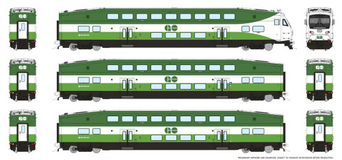Rapido ~ HO Scale ~ BiLevel Commuter Cars ~ 3 Car Set ~ GO Transit ~ 1110045