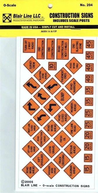 Blair Line ~ O Scale ~ Construction Warning Signs ~ 204