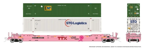 Rapido ~ HO Scale ~ 53' Husky-Stack Well Car with Containers ~ TTX #475412 (On Track for a Cure) ~ 1132001