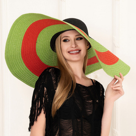 Big Oversized Straw Floppy Sun Hat Color Block 2
