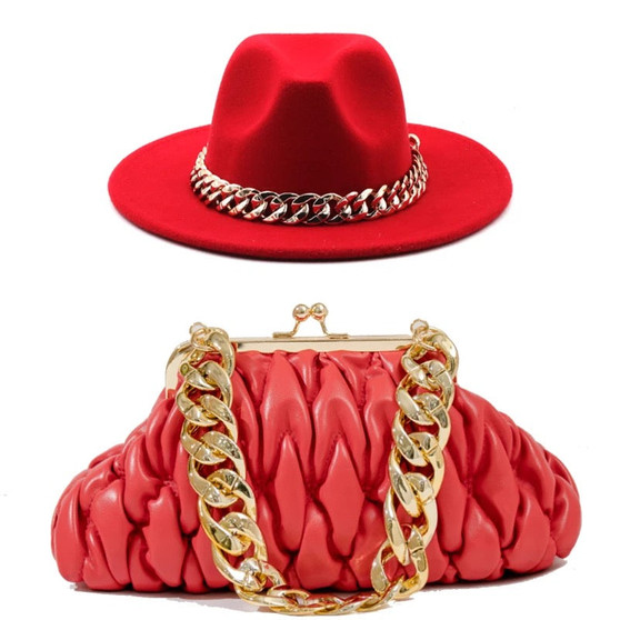 Fedora With Large Chain And Bag Set Red