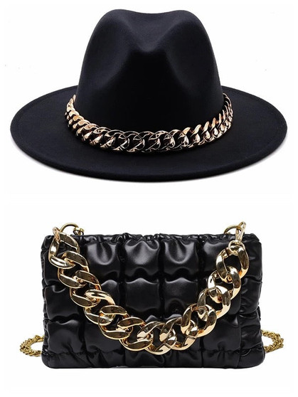 Top Pick Fedora With Large Chain And Bag Set Black