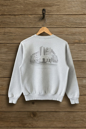 Hodge Hall screen print rendering on the back of the crew neck