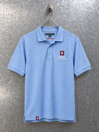 A classic light-blue polo featuring the iconic IU trident logo and Kelley School of Business embroidery on the chest.
