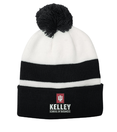 BLACK AND WHITE KNITTED BEANIE WITH POM