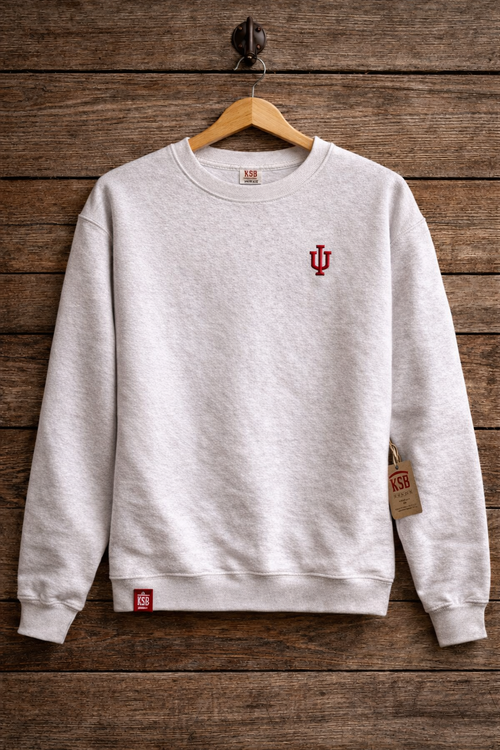 Front image with IU Trident embroidered on the left heart crest and our KSB tag at the hem.