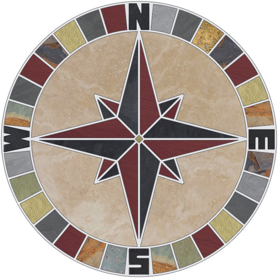 Mariners Compass Rose Mosaic Tile Medallion with Travertine Background and NSEW