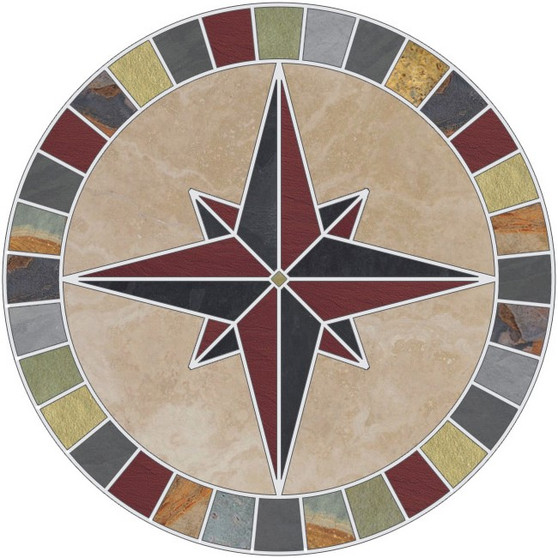 -Mariners Compass Rose Mosaic Medallion with Beige Travertine, Multi Slate, Limestone and Red Quarry Tile