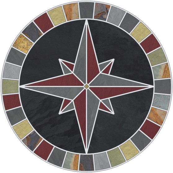 -Mariners Compass Rose Tile Mosaic Medallion with Black & Multicolor Slate