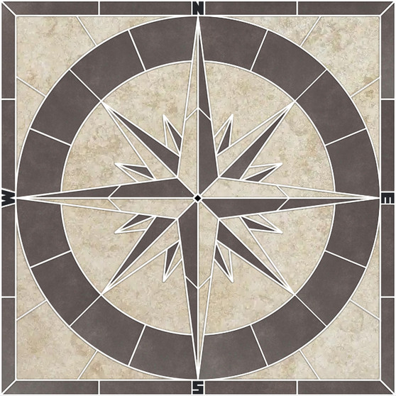 Porcelain Stone Look Tile Mosaic Medallion Captain's Compass Rose Charcoal Beige - Choose from 24", 30",  36" or 48"