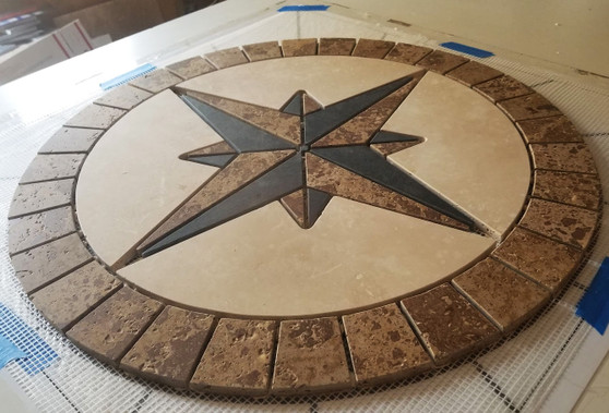 Tile Mosaic Medallion Natural Stone Mariners Compass Rose Travertine & Black Slate - 1/2-inch Thickness