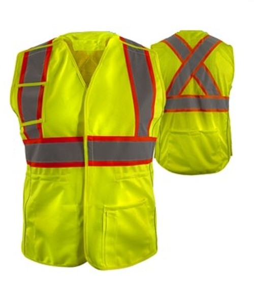 Women's Safety Vest: Hi Vis Vest: 5pt Breakaway, LG,  X-Back Lime Mesh: DOT