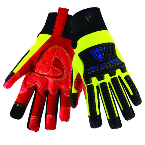 R2® High-Performance Work Gloves, Extra Large, Synthetic Leather/Silicone, High-Visibility Yellow/Red/Black - 87810-XL