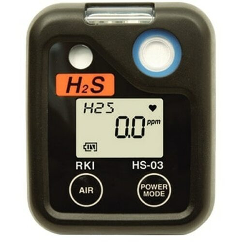 RKI Instruments 03 Series H2S Single Gas Monitor 73-0062-05 HS-03 Monitor with an alligator clip, alkaline batteries and calibration cup