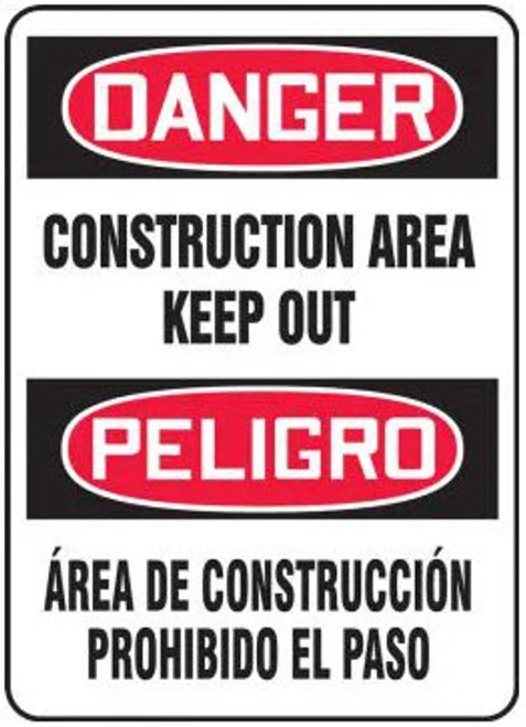 Bilingual OSHA Danger Safety Sign: Construction Area - Keep Out, Aluminum, 14"x10"