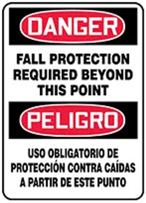 Bilingual OSHA Danger Safety Sign: Fall Protection Required Beyond This Point, Aluminum, 14"x10"