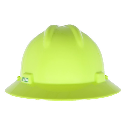 MSA 10061515 V-Gard Full Brim Hard Hat - Fas-Trac Suspension - Hi-Viz Yellow/Green w/PA AMER. LOGO