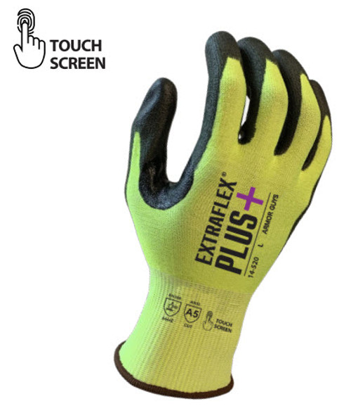 15 Gauge, ExtraFlex Plus® Hivis Engineered Liner With Black PU Palm Coating, Thumb Croth Reinforcement, Touch Screen, ANSI 5, M