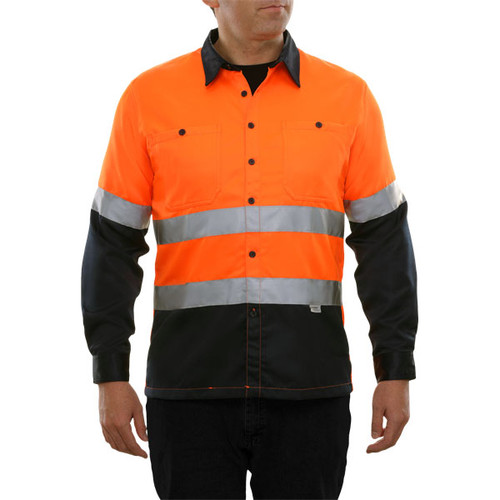 350-ST-ON Safety Work Shirt: Hi Vis Button Down: Orange-Navy 2-Tone: ANSI 2 - 2X