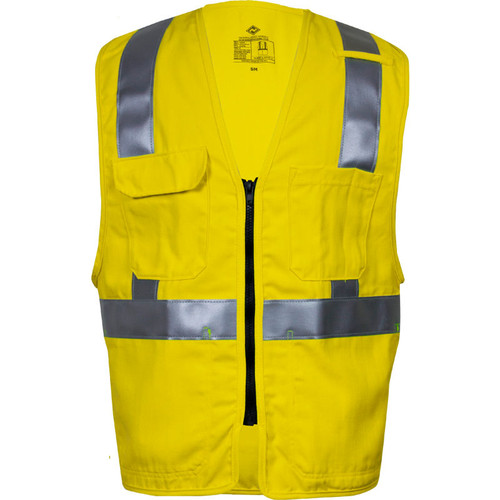 VIZABLE® Flame Resistant Deluxe Hi-Vis Zip Safety Vest, ANSI Class 2, Type R, Yellow, S