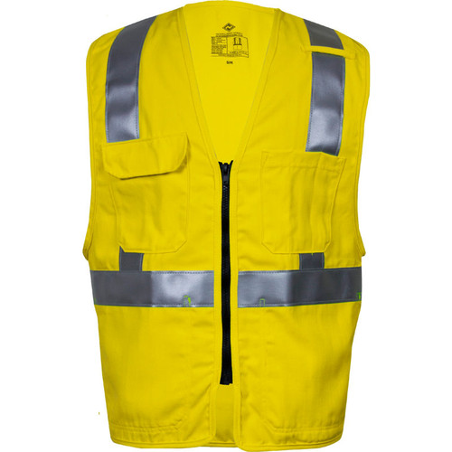 VIZABLE® Flame Resistant Deluxe Hi-Vis Zip Safety Vest, ANSI Class 2, Type R, Yellow, M