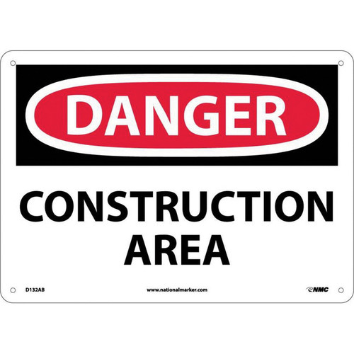 NMC™ D132AB Safety Sign, DANGER CONSTRUCTION AREA Legend, 10 in H x 14 in W, Aluminum, Red & Black/White