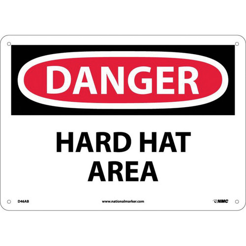 NMC™ D46AB Safety Sign, DANGER HARD HAT AREA Legend, 10 in H x 14 in W, Aluminum, Red & Black/White