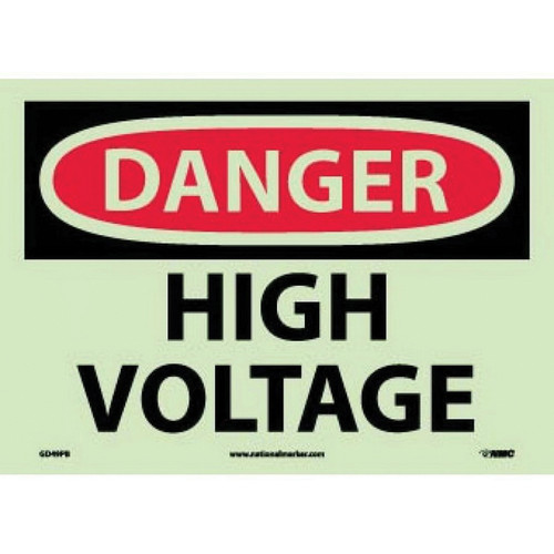 NMC™ GD49PB Glow-in-the-Dark Safety Sign, DANGER HIGH VOLTAGE Legend, 10 in H x 14 in W, Pressure Sensitive Vinyl, Red & Black/Yellow