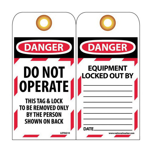 NMC™ LOTAG10 Grommet Lockout Tag, DANGER DO NOT OPERATE Legend, 6 in L x 3 in W, Unrippable Vinyl, Black/Red/White, 25/Pack