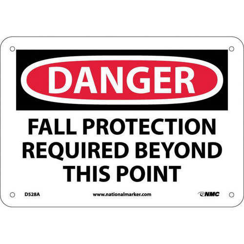 NMC™ D528A Safety Sign, DANGER FALL PROTECTION REQUIRED Legend, 7 in H x 10 in W, Aluminum, Red & Black/White