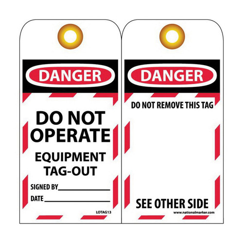 NMC™ LOTAG13 Grommet Lockout Tag, DANGER DO NOT OPERATE Legend, 6 in L x 3 in W, Unrippable Vinyl, Black/Red/White, 10/Pack