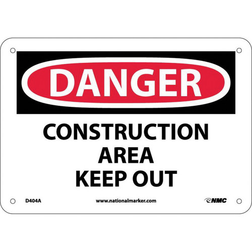 NMC™ D404A Safety Sign, DANGER CONSTRUCTION AREA Legend, 7 in H x 10 in W, Aluminum, Red & Black/White