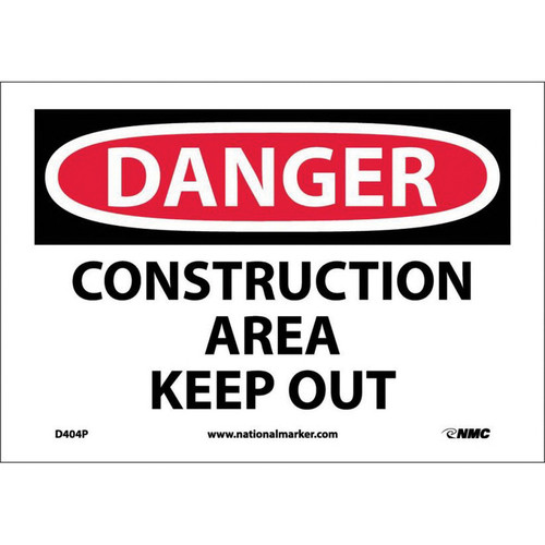 NMC™ D404P Safety Sign, DANGER CONSTRUCTION AREA Legend, 7 in H x 10 in W, Pressure Sensitive Vinyl, Red & Black/White
