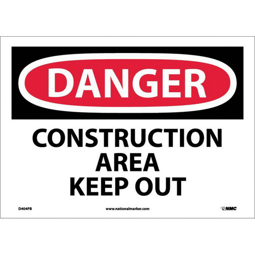 NMC™ D404PB Safety Sign, DANGER CONSTRUCTION AREA Legend, 10 in H x 14 in W, Pressure Sensitive Vinyl, Red & Black/White