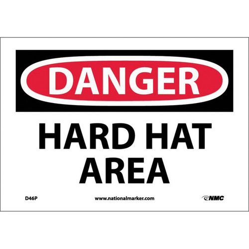 NMC™ D46P Safety Sign, DANGER HARD HAT AREA Legend, 7 in H x 10 in W, Pressure Sensitive Vinyl, Red & Black/White