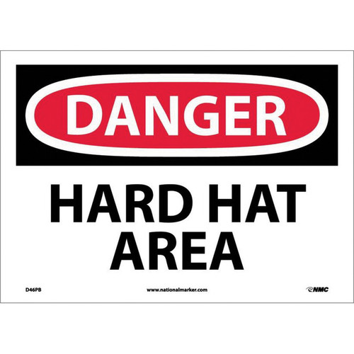 NMC™ D46PB Safety Sign, DANGER HARD HAT AREA Legend, 10 in H x 14 in W, Pressure Sensitive Vinyl, Red & Black/White