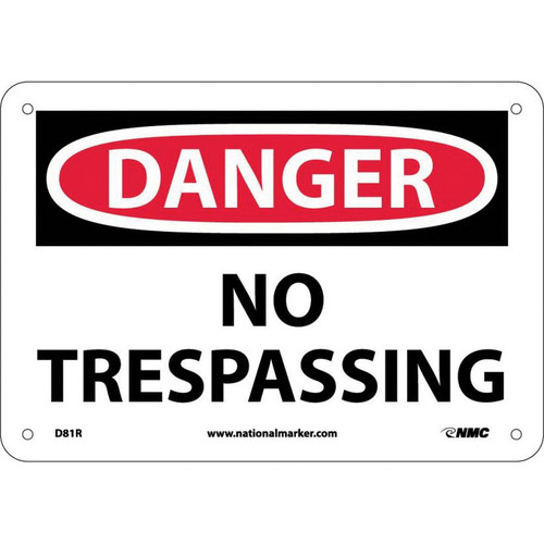 NMC™ D81R Safety Sign, DANGER NO TRESPASSING Legend, 7 in H x 10 in W, Rigid Plastic, Red & Black/White