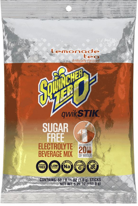 Sqwincher® Qwik Stik® Zero Single Serve, 0.11 oz Packs, 20 oz Yield, Lemonade Tea, 50/Bag