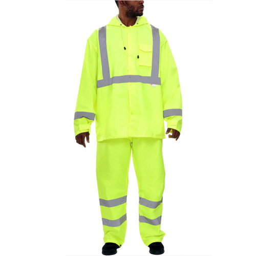 Safety Raingear: Hi-Vis Rainsuit: Waterproof Hooded Parka Coat & Pants - LG
