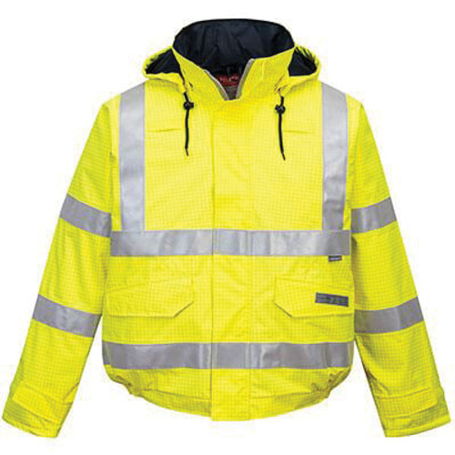 Portwest® Bizflame™ US773 Flame-Resistant High-Visibility Waterproof Bomber Rain Jacket, XL, 98% Polyester/2% Antistatic Carbon Fiber, Yellow