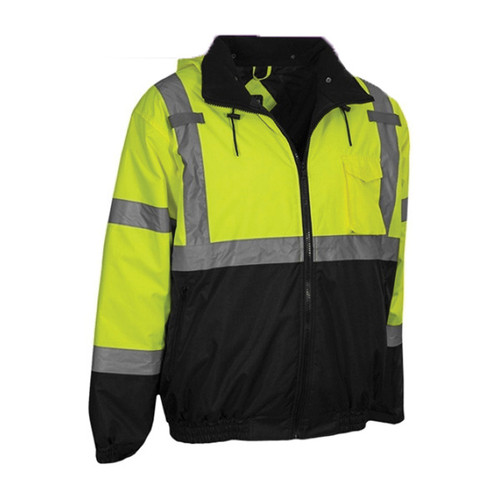 RAF RAF-413-GT-LB Bomber High-Visibility Waterproof Safety Jacket with Detachable Hood, S, Black/Fluorescent Lime, 100% Polyester