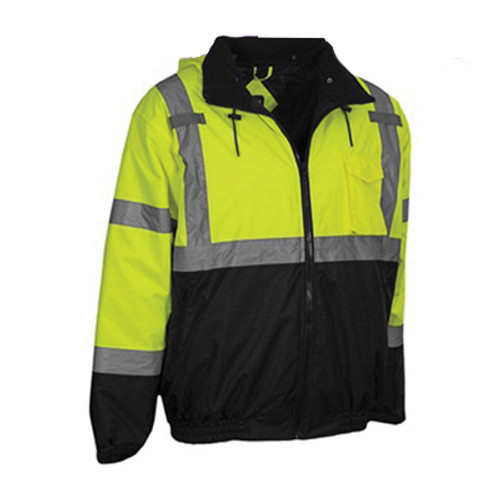 Hi-Vis Lime Safety Jacket, Bomber, Detachable Hood, ANSI 3-3X