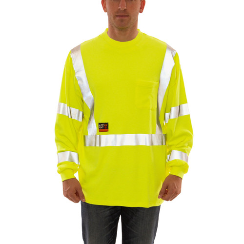 Tingley Job Sight FR™ S85522 ANSI Class 3 Men High-Visibility Flame-Resistant Long Sleeve T-Shirt, L, 40% Cotton Blend/60% Modacrylic, Fluorescent Yellow/Green