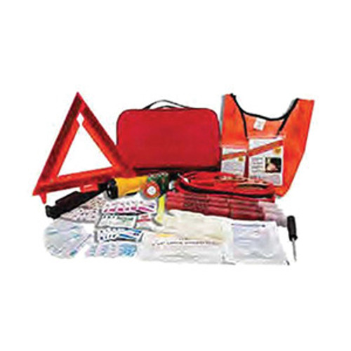Cortina® 95-07-57 Roadside Emergency Kit with Warning Triangle, Deluxe, 8-1/4 in W x 12-1/4 in D x 4 in H, Nylon, Orange/Red